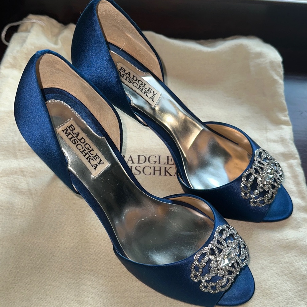 Badgley Mischka Blue Satin Peep-Toe Heels with Rhinestone Embellishment